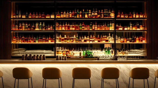 Elegant bar showcasing a wide selection of spirits and glasses.
