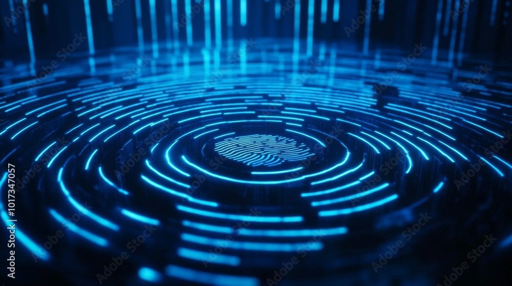 Poster abstract glowing blue lines and circles form a digital pattern.