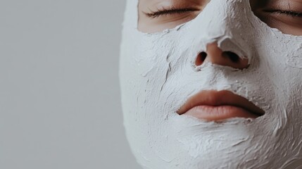 Fototapeta premium Closeup of a woman’s face with a white clay facial mask applied to treat acne, surrounded by soft lighting and a clean white background, perfect for skincare tutorials and beauty products.