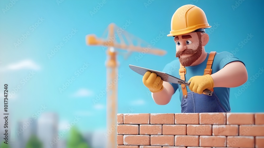 Poster construction worker in uniform building a brick wall using trowel on a sunny construction site with 