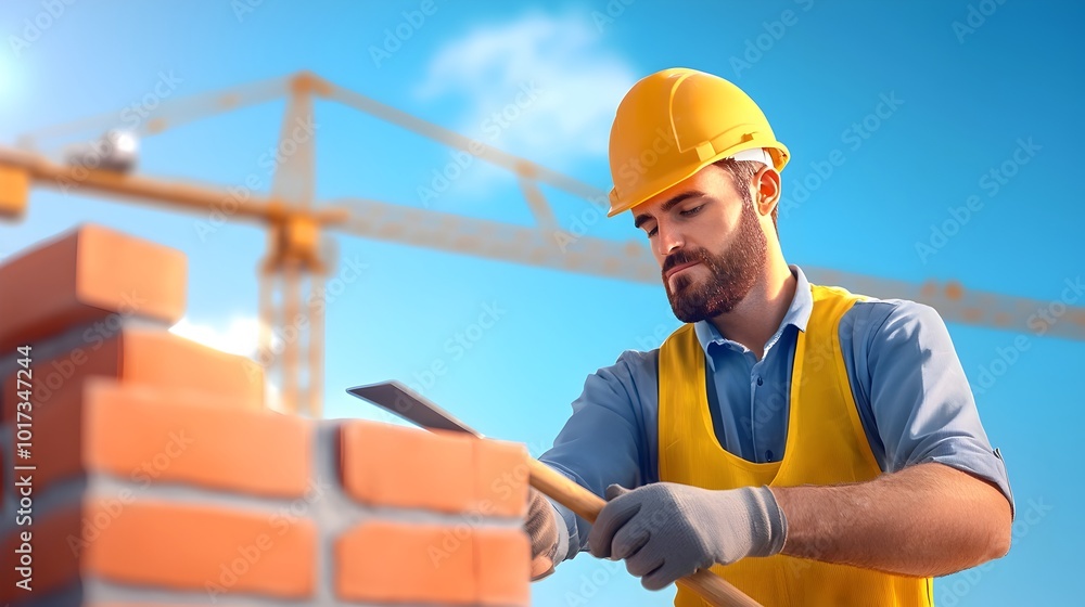 Poster construction worker in uniform laying bricks and building a wall using a trowel showcasing the progr