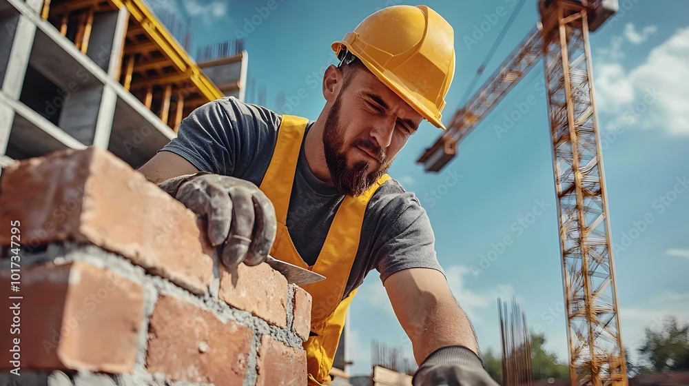 Poster a skilled construction worker in uniform building a brick wall using a trowel on a sunny constructio