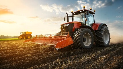 Obraz premium Potato Harvest in Progress with Modern Farming Machinery Working in Scenic Rural Field Under Sunny Sky Capturing the Essence of Analog Color Scheme and Digital Tone