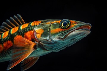 Fototapeta premium Mystic portrait of European Barracuda, copy space on right side, Close-up View, isolated on black background