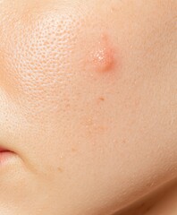 A closeup of problematic skin with visible acne and redness before treatment, set against a neutral background, ideal for skincare tutorials and product use.