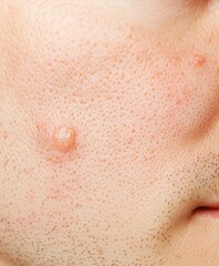 A closeup of problematic skin with visible acne and redness before treatment, set against a neutral background for skincare tutorials and product use.
