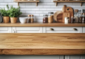 Closeup of wooden countertop with a blurred kitchen background.
