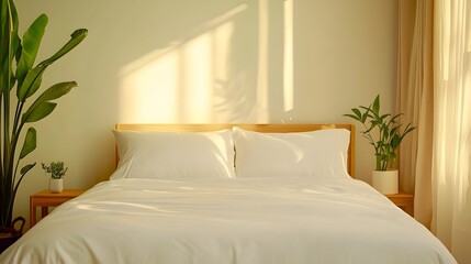 Organic cotton bedding in soothing neutral tones creates a calming minimalistic bedroom atmosphere that promotes an eco friendly lifestyle and feeling of serenity and rejuvenation