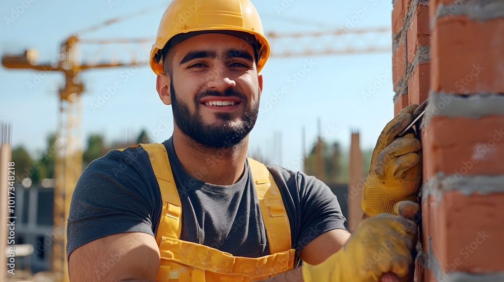 Poster skilled mason in uniform and safety helmet laying bricks to construct wall at active construction si