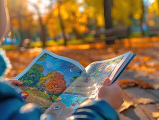 A child reading a colorful book outdoors in a park during autumn. The background features vibrant fall foliage with orange and yellow leaves. Cozy and serene.