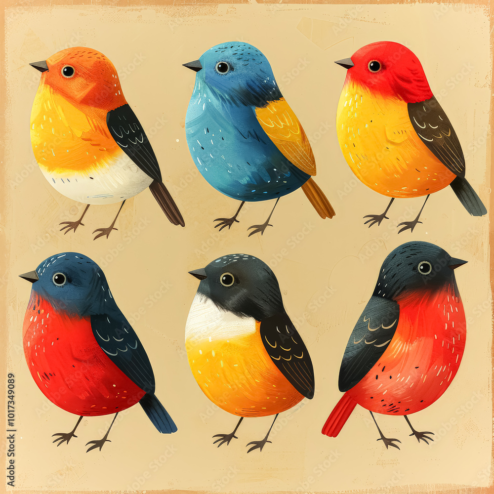 Poster set of six colorful birds with different colors and patterns
