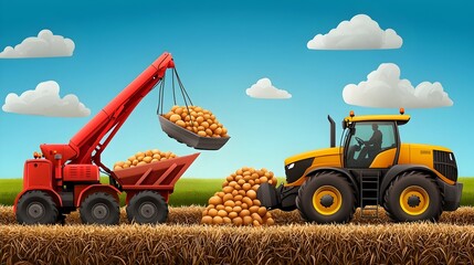 Obraz premium Efficient Potato Harvest Tractors and harvesters working in a lush countryside field collecting potatoes under a bright cloud filled sky Illustrating the process of modern