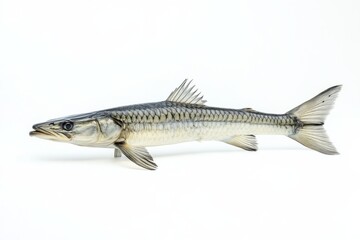 Naklejka premium the beside view Pickhandle Barracuda, left side view, white copy space on right, Isolated on White Background