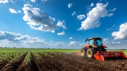 Expansive farmland with a harvester and tractors working in unison to efficiently harvest a bountiful potato crop under a bright picturesque sky with fluffy white clouds