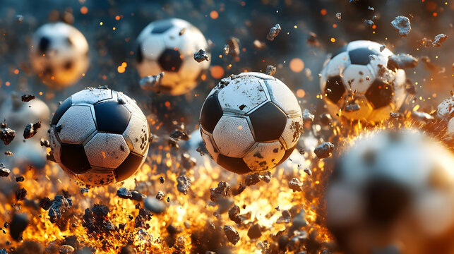 Explosive scene with flying soccer balls amidst fiery background.