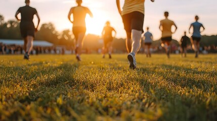 Energetic outdoor bootcamp class in a vibrant open field with a group of people working out together showcasing teamwork motivation and a healthy active lifestyle