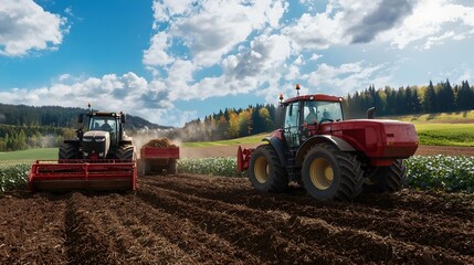 Obraz premium Bountiful potato harvest in progress with a large harvester and tractors working diligently in a lush green field under a sunny blue sky
