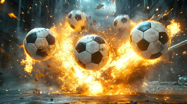 Explosive soccer balls creating a dynamic and energetic scene.
