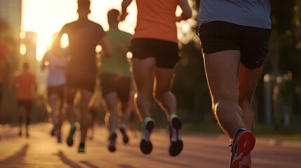 Naklejka premium A dynamic group of people engaged in a motivating running session together in a lush verdant urban park embodying the active and healthy lifestyle they embrace