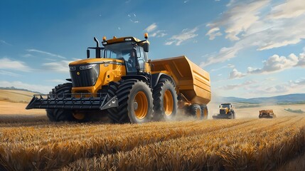 Obraz premium Cutting edge agricultural machinery including a large harvester and tractors loading freshly harvested potato crops in a picturesque rural landscape set against a clear blue sky with scattered clouds