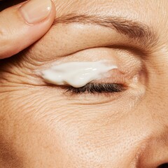 A high-resolution image of a woman applying anti-aging cream to her forehead to reduce wrinkles, with a neutral background and soft texture focusing on her face and skincare.