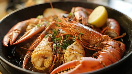 Close-up of a Delicious Lobster Dish with Lemon and Herbs