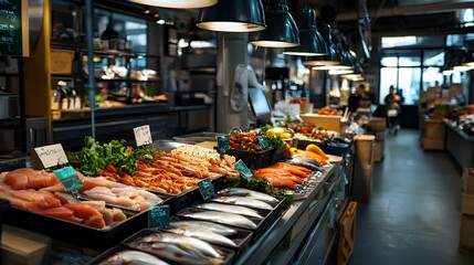 Vibrant organic seafood market showcasing a variety of fresh sustainably sourced fish and seafood products in a naturally lit eco friendly environment