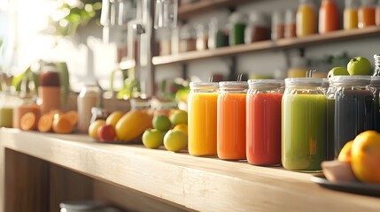 Minimalist and modern organic juice bar featuring a variety of fresh fruits eco friendly packaging and a clean sustainable design aesthetic  The image showcases a healthy natural
