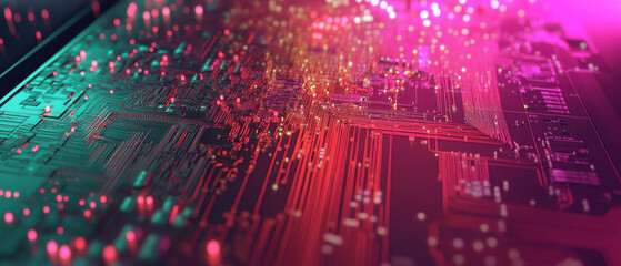 Obraz premium vibrant close up of circuit board showcasing data processing through intricate server chips, illuminated by colorful lights. image captures essence of technology and innovation