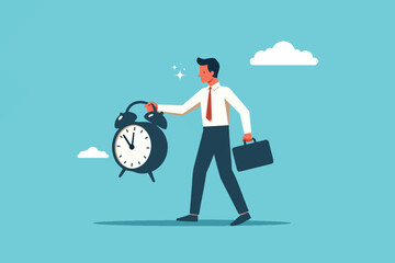 punctual and disciplined, a businessman walks confidently while carrying an alarm clock as a reminder of time