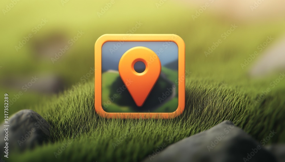 Poster a 3d rendering of a location pin icon in a square frame, set on a green grassy surface with rocks.
