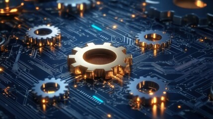 Obraz premium interconnected gears and circuitry symbolizing synergy between technology and business processes