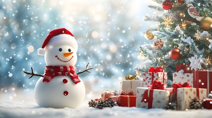 Fototapeta premium Snowman with a Santa Hat and Gifts Under a Snowy Christmas Tree