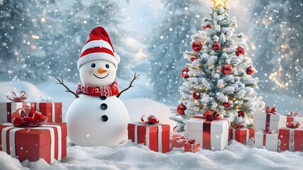 Obraz premium A Snowman Standing Beside a Snowy Christmas Tree with Presents