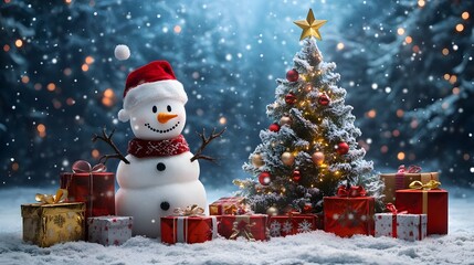 Obraz premium Snowman and Christmas Tree with Gifts in Snowy Forest