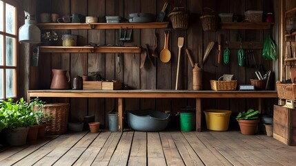Fototapeta premium Sustainable organic farming tools displayed in a rustic wooden shed with a natural eco conscious design The image showcases the harmony between agricultural equipment and a green