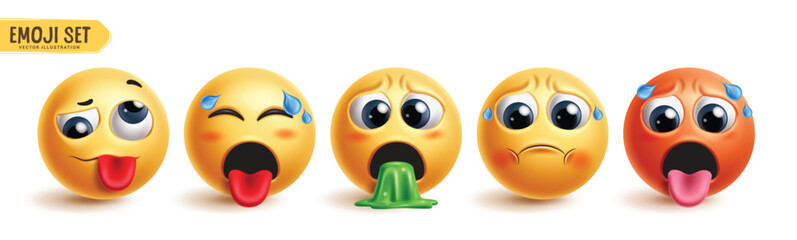 Emoji disgusted character vector set. Emojis 3d icon collection in nausea, vomit, disgusting, sick and hot facial expression graphic elements. Vector illustration emoticons exhausted face collection. 