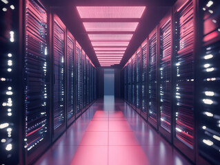 Fototapeta premium modern data center corridor illuminated by vibrant pink and white lights, showcasing rows of servers. atmosphere is high tech and futuristic, emphasizing importance of data security and processing