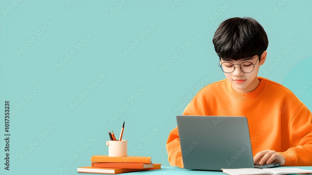 Poster portrait of a teenage boy attending virtual school from home typing on a laptop and highlighting the