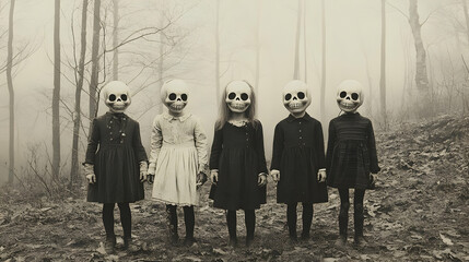 Five figures in eerie dresses with skull masks in a foggy forest.