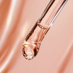 A macro shot of a face serum dropper dispensing a clear liquid onto a smooth flawless skin surface with a minimalist background, ideal for luxury skincare promotions.