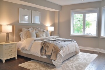 A serene bedroom featuring a simplistic design, with modern furnishings and a neutral color palette for a contemporary interior style.