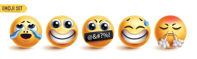 Emoji funny characters vector set. Emoticon icon face collection in naughty, silly, angry, mad and happy facial expression yellow character in white background. Vector illustration for graphic design 