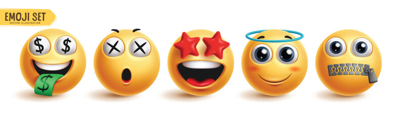 Emoji characters vector set. Emoticon 3d face collection in happy, rich, amaze, kind and quite facial expression emojis character in white background. Vector illustration graphic design elements.  
