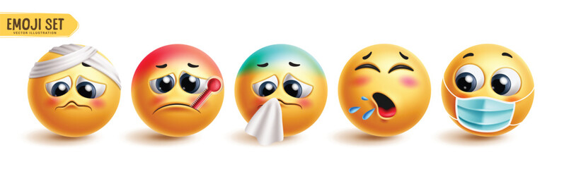 Emoji sick characters vector set. Emoticon face 3d character with illness, flu, fever, cough and sneezing yellow icon collection in white background. Vector illustration for graphic design elements. 
