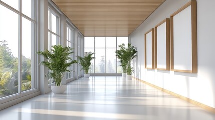 Modern hallway with large windows, wooden ceiling, and empty pic