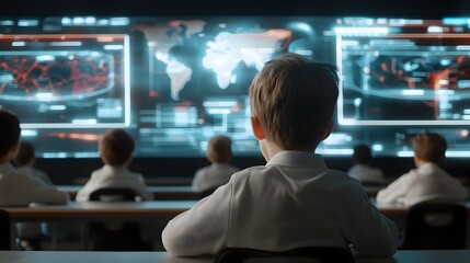Fototapeta premium Futuristic AI powered digital education with advanced holographic learning tools in an immersive technology driven classroom setting