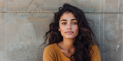 Portrait of a Young Woman with Long Wavy Hair Against a Textured Wall