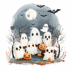 A group of adorable Halloween ghost buddies sharing s