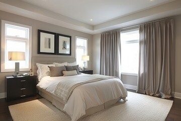 A serene bedroom featuring a simplistic design, with modern furnishings and a neutral color palette for a contemporary interior style.